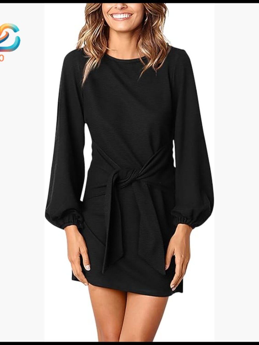 Long Sleeve Mini Dress Tie Waist Lantern Sleeves Knit Cocktail Wedding Guest